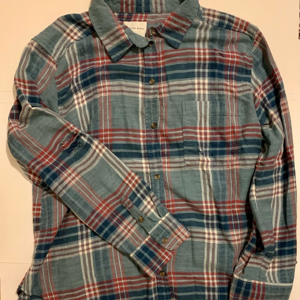 Blue American Eagle Distressed Flannel